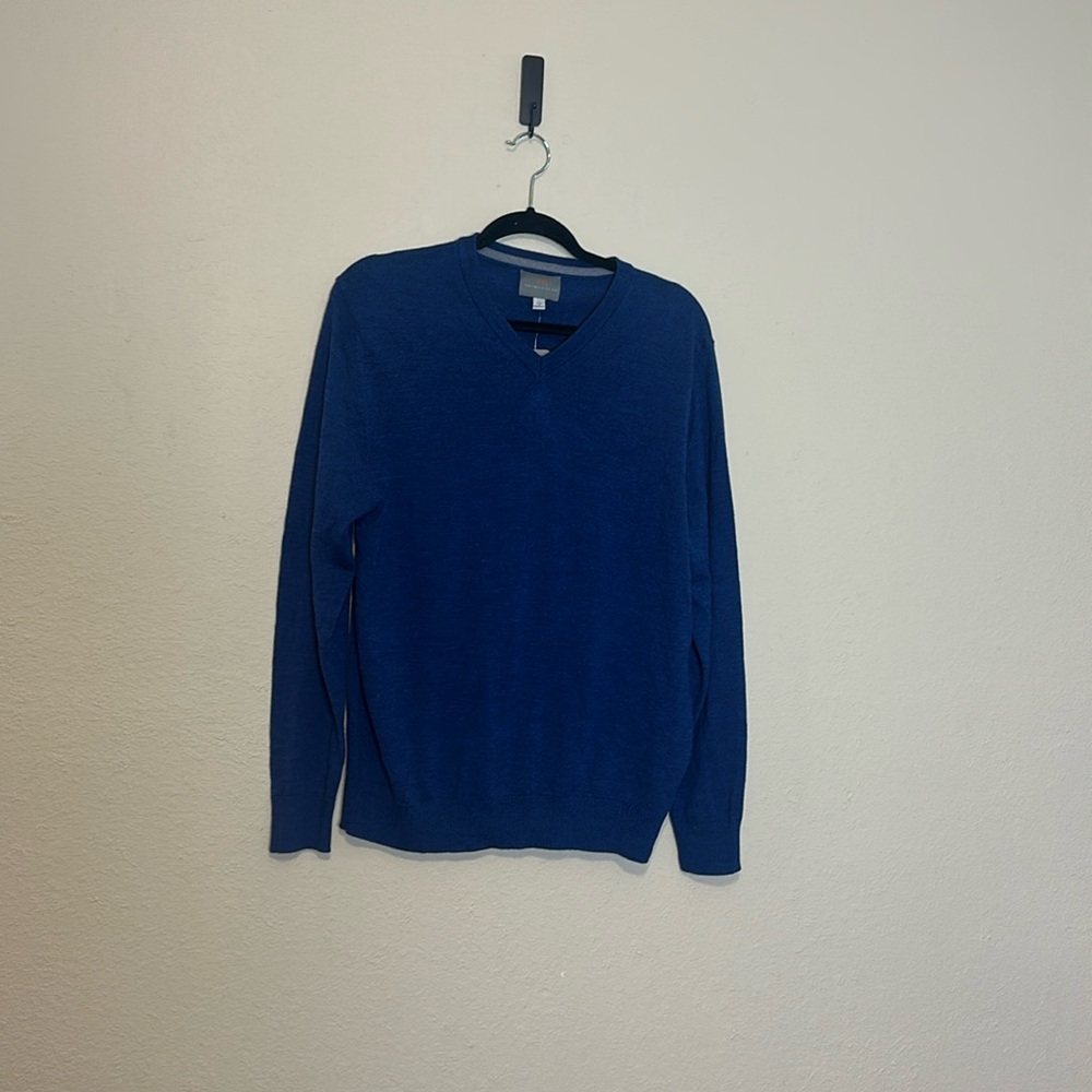 Thomas Dean Extra Fine Merino‎ Wool Blue V-Neck Sweater Size Large NWT